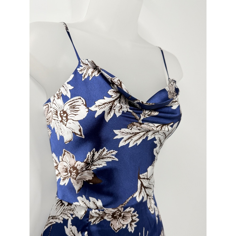 Blue Floral Satin Cowl Neck Midi Slip Dress Sz XS wedding guest vacation y2k 90s